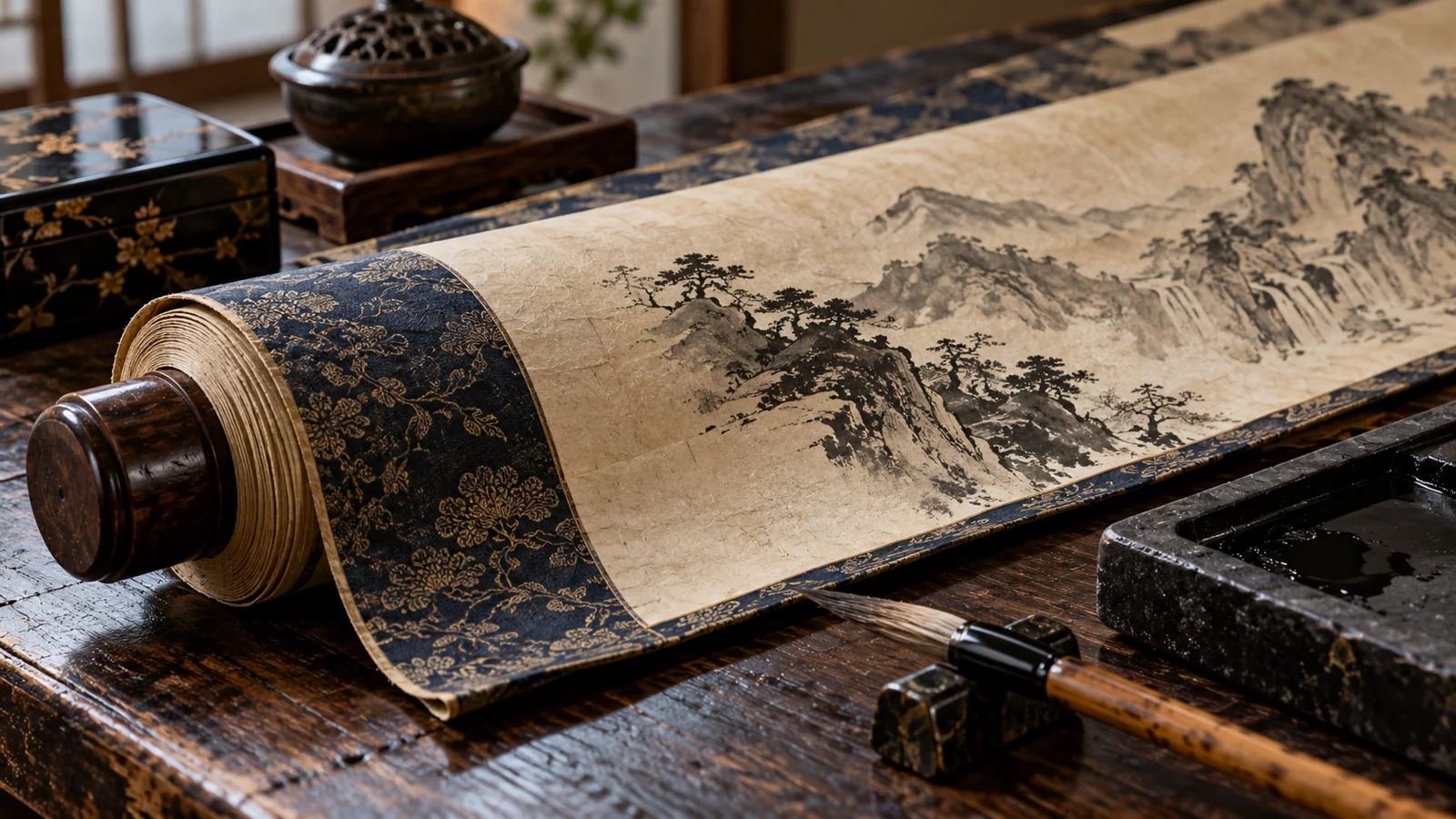 Vue rapprochée d'un rouleau japonais reconstitué, montrant le papier, la bordure textile et la baguette de bois