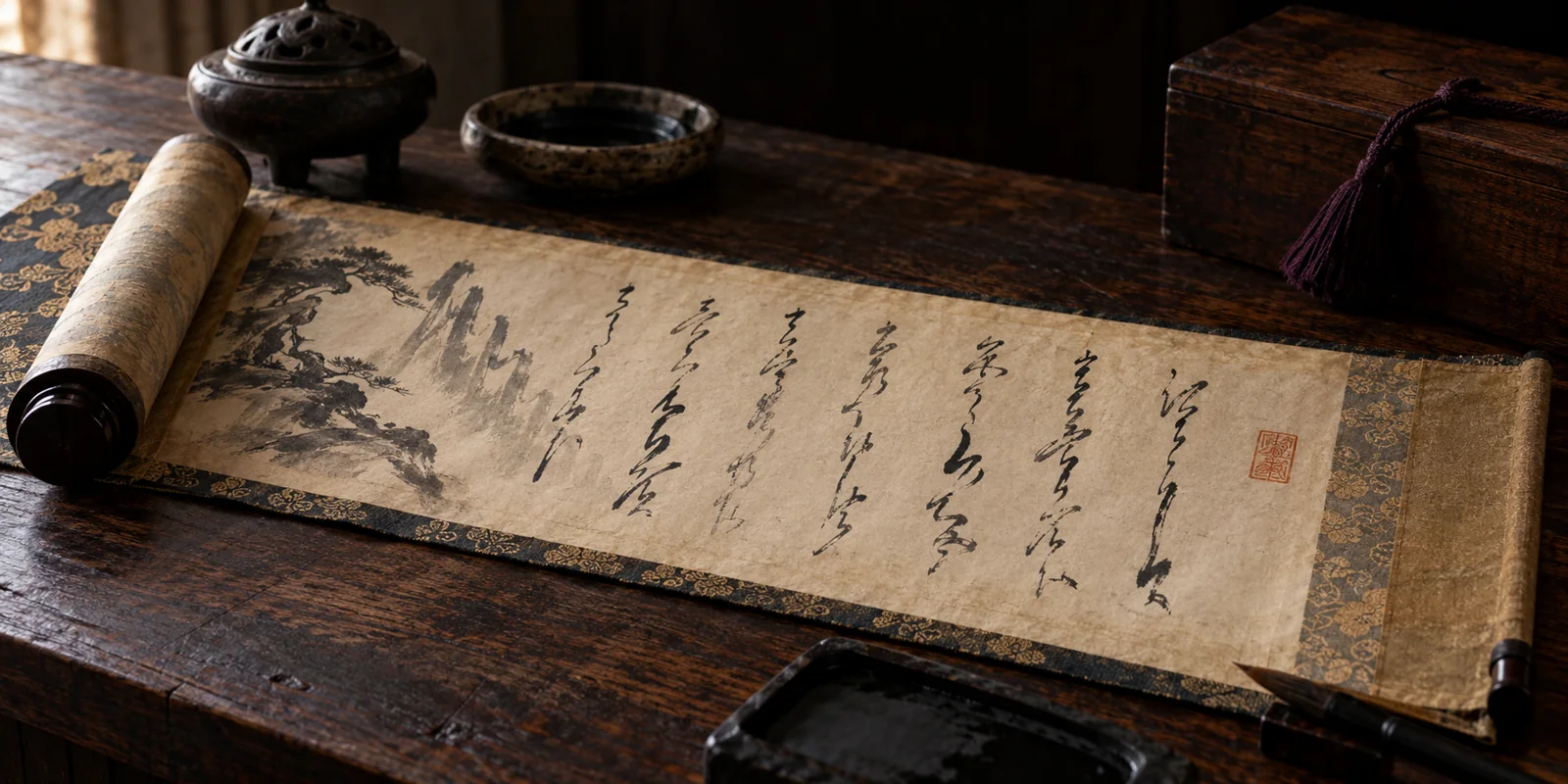 Reconstitution visuelle d'un rouleau japonais déroulé sur une table, avec papier washi, montage textile et sceau rouge